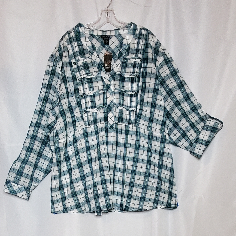 Torrid White and Green Plaid Military Blouse